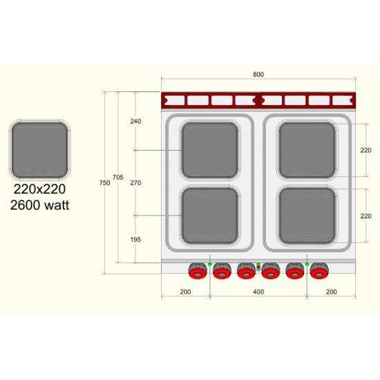 PE072TQ - Ηλεκτρική κουζίνα με 4 τετράγωνες πλάκες top line
