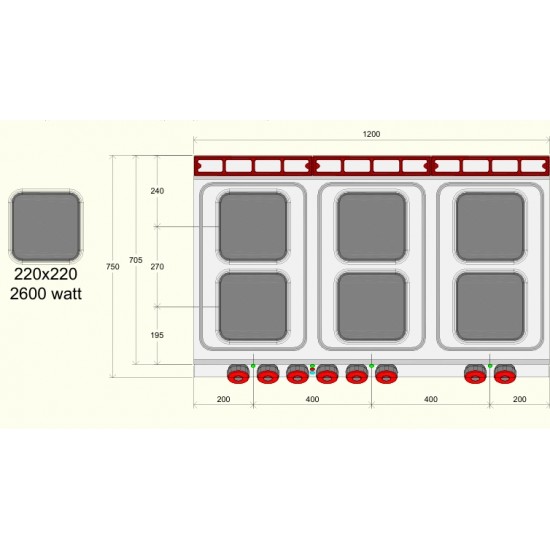 PE073TQ - Ηλεκτρική κουζίνα με 6 τετράγωνες πλάκες top line