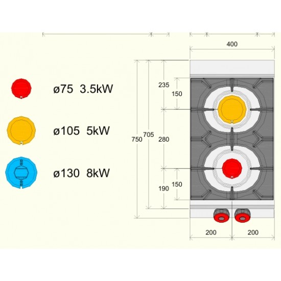 FA071MA - Κουζίνα αερίου ουδέτερου στοιχείου με 2 καυστήρες και αρθρωτή πόρτα