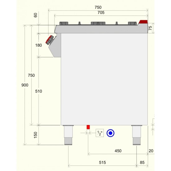 FA072MA - Κουζίνα αερίου ουδέτερου στοιχείου με 4 καυστήρες και αρθρωτή πόρτα