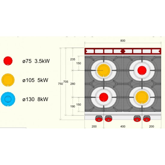 FA072MA - Κουζίνα αερίου ουδέτερου στοιχείου με 4 καυστήρες και αρθρωτή πόρτα