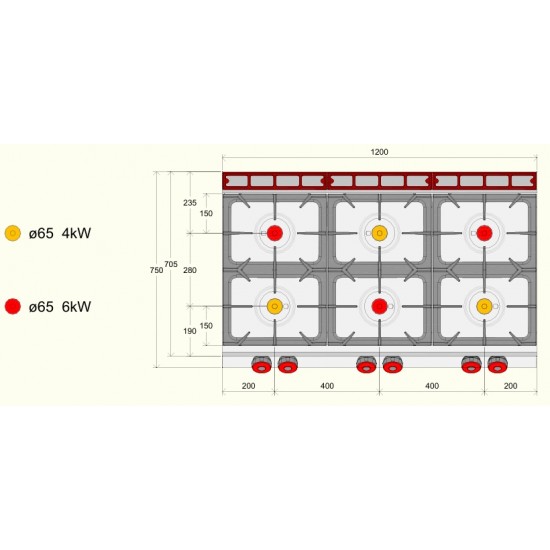 FE073MA - Κουζίνα αερίου ουδέτερου στοιχείου με 6 ερμητικούς καυστήρες και αρθρωτές πόρτες