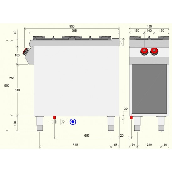 FA092M0 - Επαγγελματική κουζίνα αερίου με 2 εστίες ανοιχτής φλόγας πάνω σε ανοιχτό ουδέτερο στοιχείο με αρθρωτή πόρτα