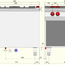 FA092MA - Επαγγελματική κουζίνα αερίου με 4 εστίες ανοιχτής φλόγας πάνω σε ανοιχτό ουδέτερο στοιχείο με αρθρωτή πόρτα