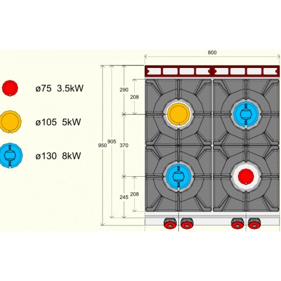 FA092MA - Επαγγελματική κουζίνα αερίου με 4 εστίες ανοιχτής φλόγας πάνω σε ανοιχτό ουδέτερο στοιχείο με αρθρωτή πόρτα