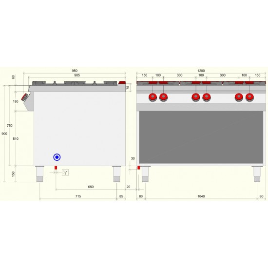 FA093M0 - Επαγγελματική κουζίνα αερίου με 6 εστίες ανοιχτής φλόγας πάνω σε ανοιχτό ουδέτερο στοιχείο