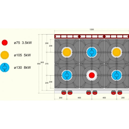 FA093M0 - Επαγγελματική κουζίνα αερίου με 6 εστίες ανοιχτής φλόγας πάνω σε ανοιχτό ουδέτερο στοιχείο