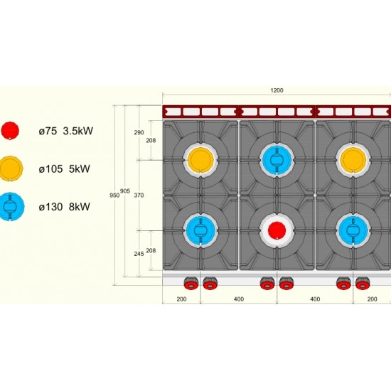 FAG93M0 - Επαγγελματική Κουζίνα αερίου με 6 εστίες ανοιχτής φλόγας, φούρνο αερίου και ντουλάπι