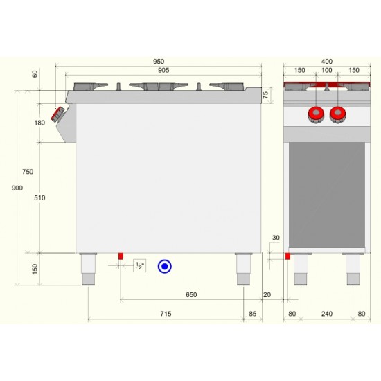 FE091MA - Επαγγελματική Κουζίνα αερίου με 2 ερμητικά κλειστές εστίες σε ανοιχτή ουδέτερη βάση με αρθρωτή πόρτα