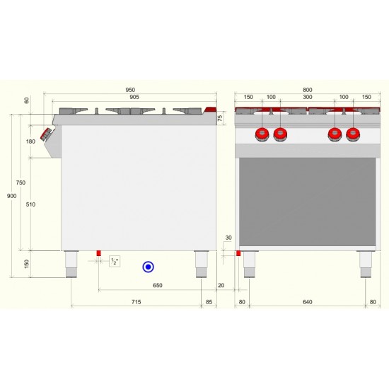 FE092MA - Επαγγελματική Κουζίνα αερίου με 2 ερμητικά κλειστές εστίες σε ανοιχτή ουδέτερη βάση με αρθρωτή πόρτα