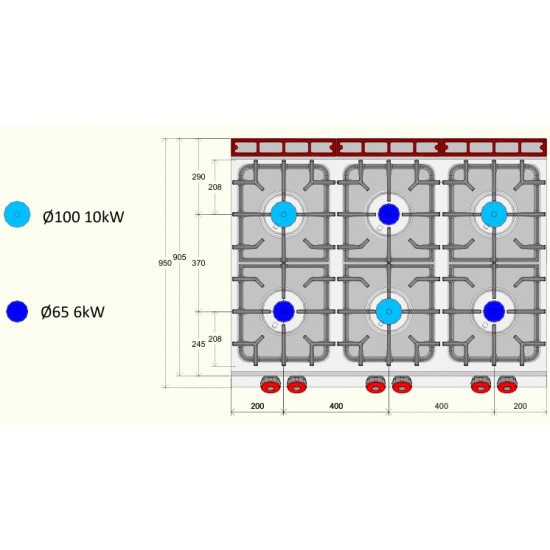FE093M0 - Επαγγελματική Κουζίνα αερίου με 6 ερμητικά κλειστές εστίες σε ανοιχτή ουδέτερη βάση