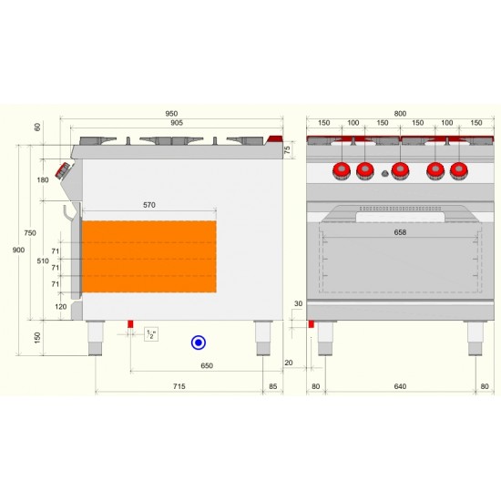 FEG92M0 - Επαγγελματική Κουζίνα αερίου με 4 ερμητικές εστίες και φούρνο αερίου